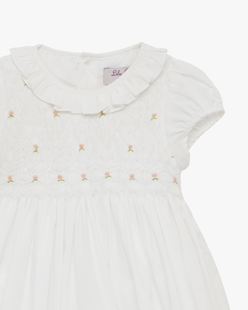 Baby Willow Rose Hand Smocked Dress in White 6/12M