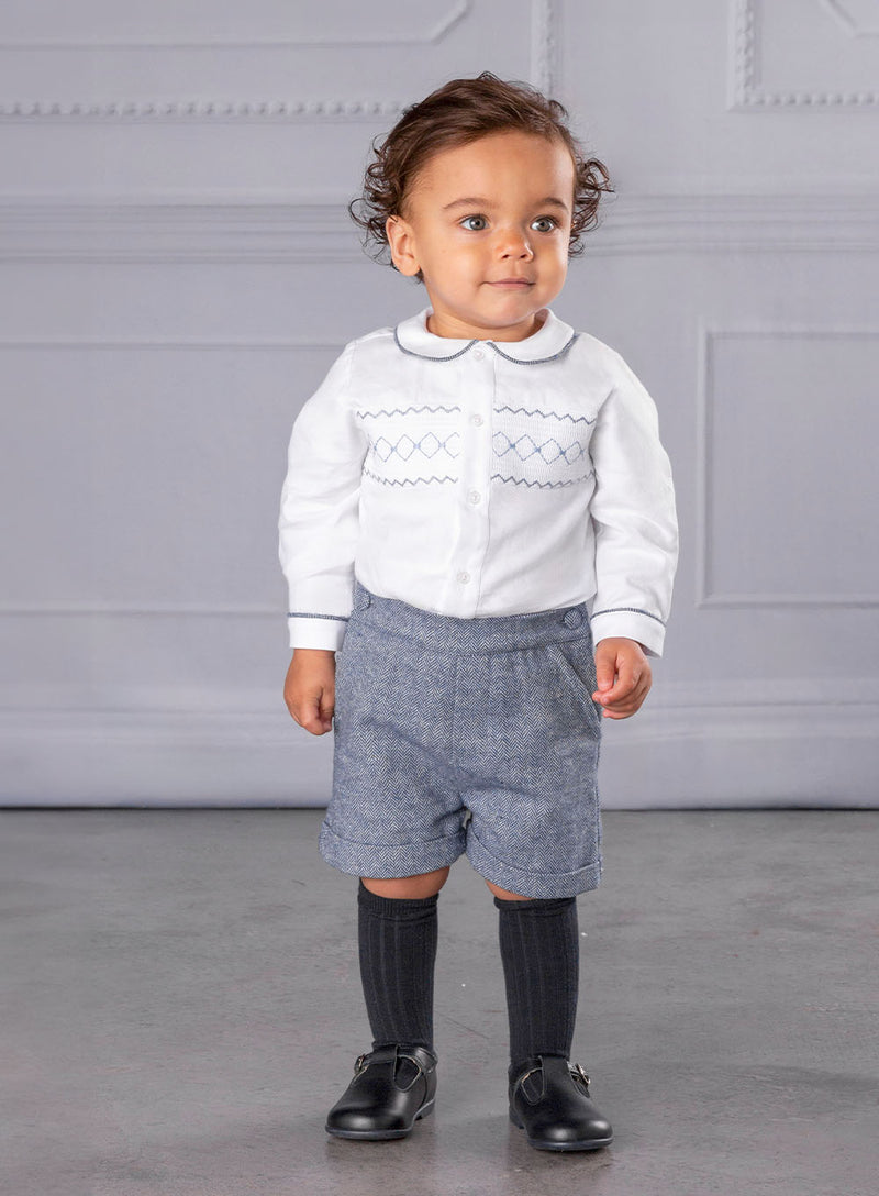 The Rupert Smocked Set in White/Blue Herringbone