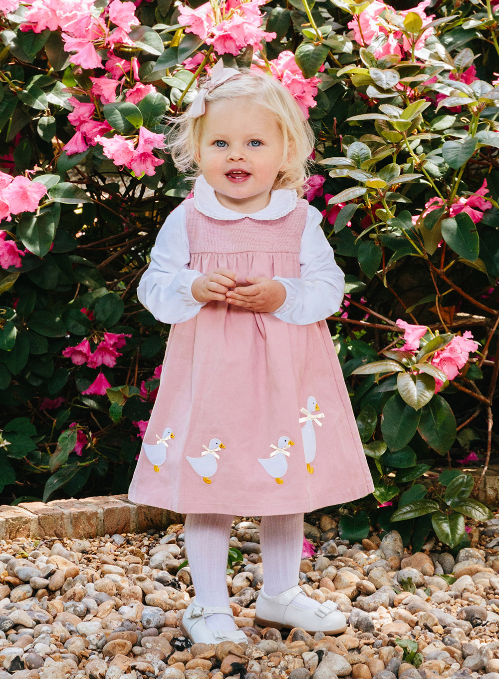 Baby Duck Smocked Pinafore in Dusty Pink