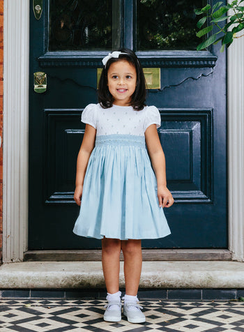 Rose Hand Smocked Dress in Sea Blue