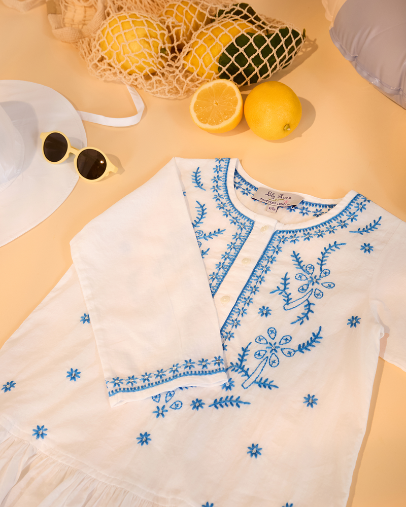 Embroidered Kaftan in White/Blue