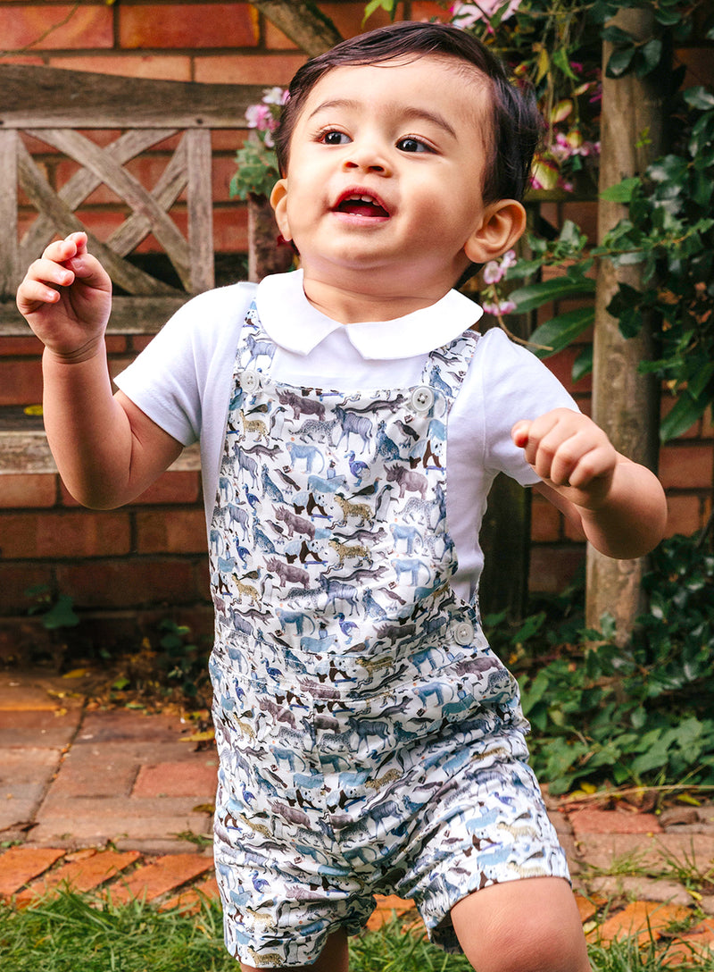 Baby Atticus Bib Shorts in Blue Animals