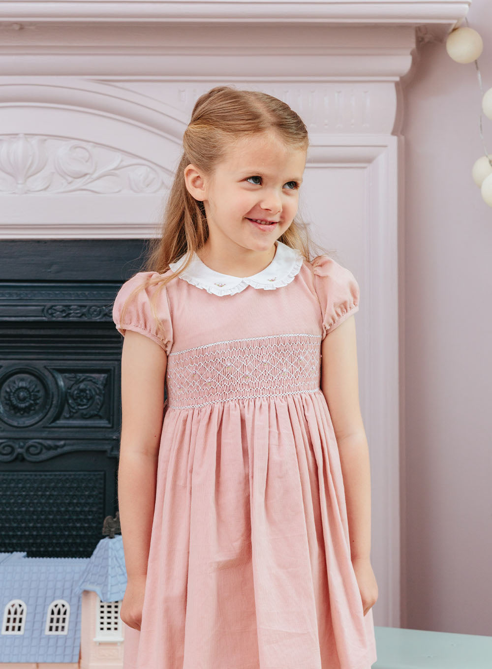 Orla Smocked Dress in Pale Pink Cord