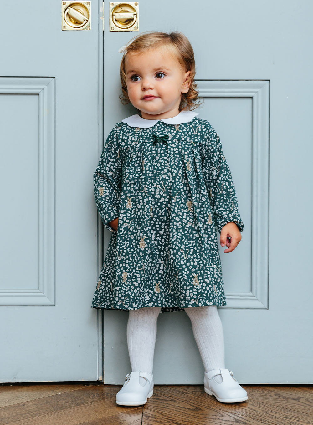 Little Woodland Bunny Jersey Dress in Forest Green