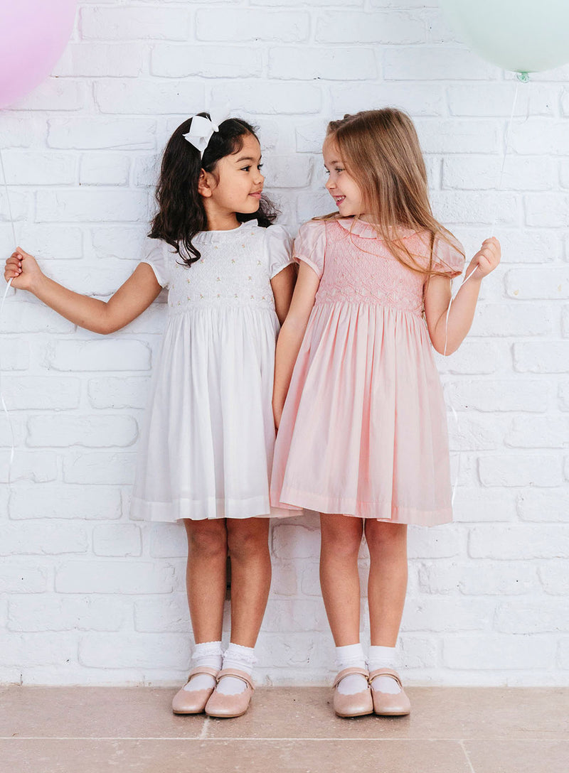 Willow Rose Hand Smocked Dress in White