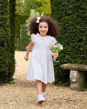 Willow Rose Hand Smocked Dress in White