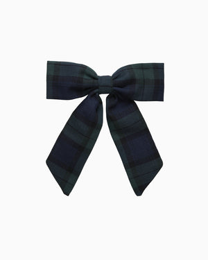 Long Bow Hair Clip in Navy/Green plaid