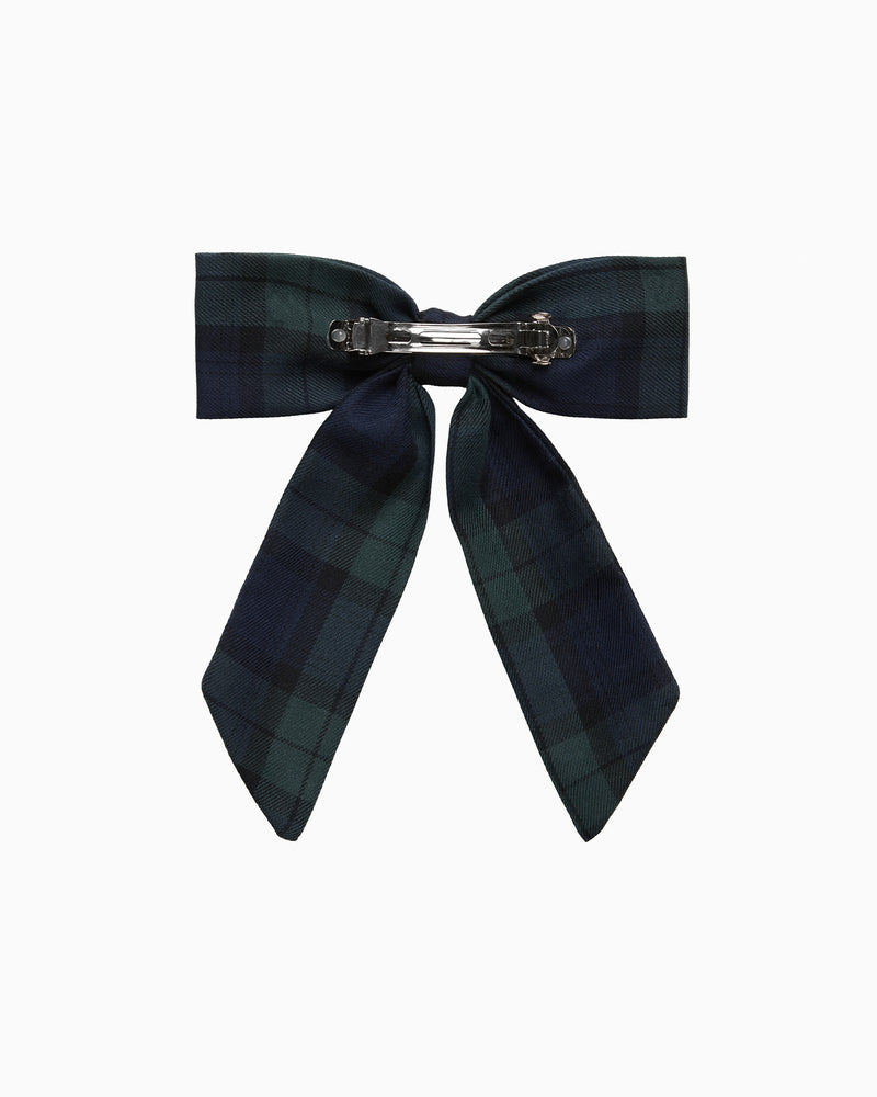 Long Bow Hair Clip in Navy/Green plaid