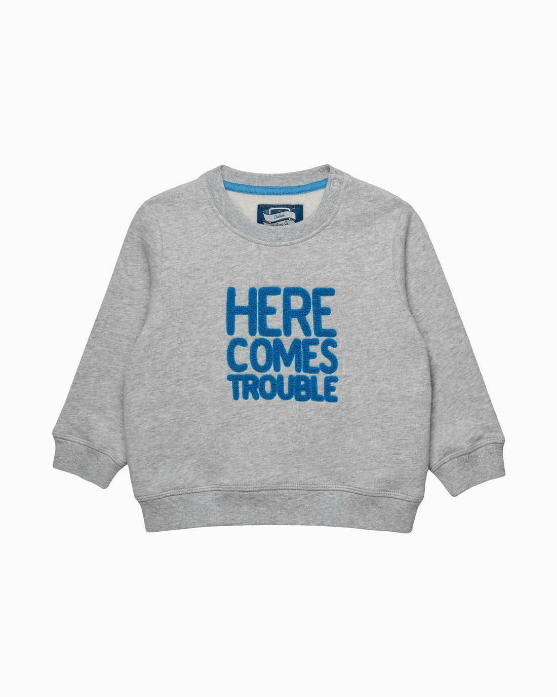 Chelsea Clothing Company Sweatshirt Baby Here Comes Trouble Sweatshirt in Grey Marl