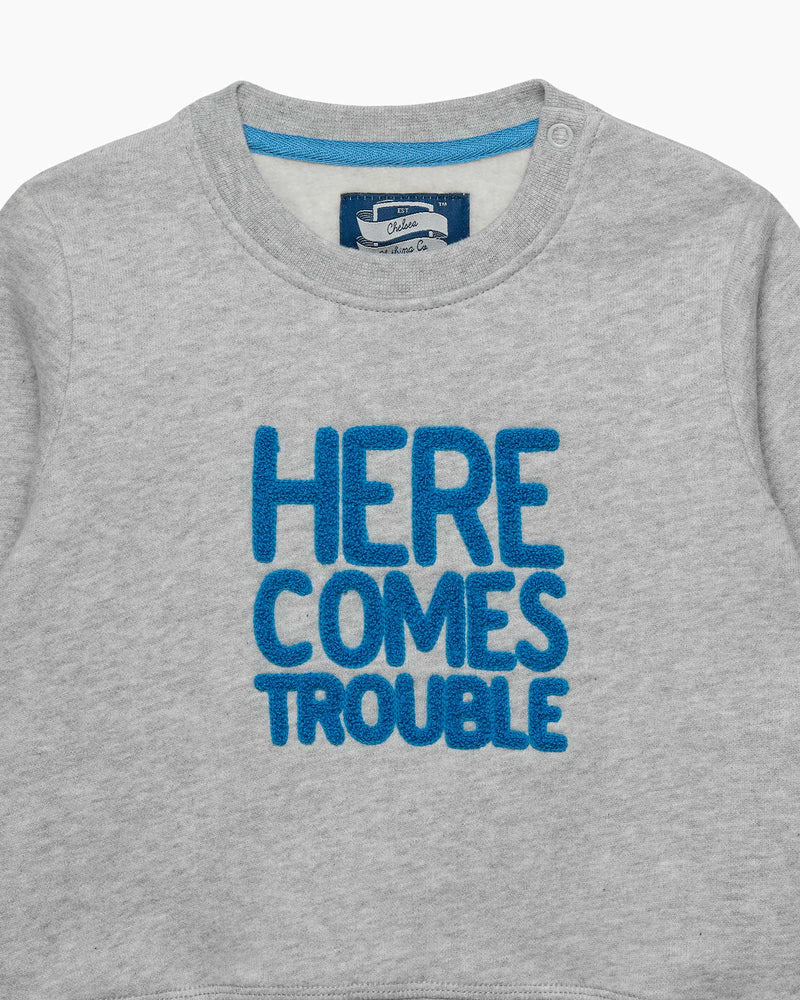 Chelsea Clothing Company Sweatshirt Baby Here Comes Trouble Sweatshirt in Grey Marl