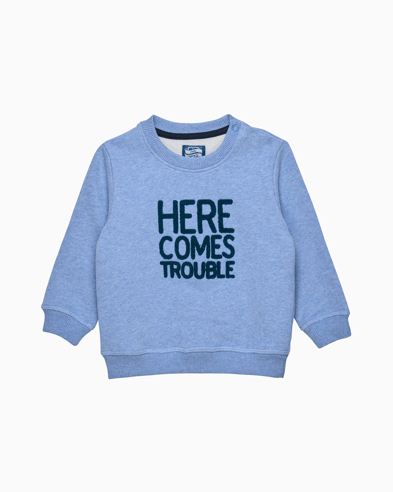 Baby Here Comes Trouble Sweatshirt in Pale Blue Marl