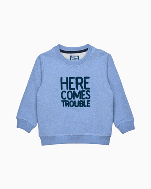 Baby Here Comes Trouble Sweatshirt in Pale Blue Marl