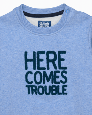 Baby Here Comes Trouble Sweatshirt in Pale Blue Marl