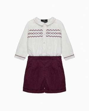 The Rupert Smocked Set in White/Burgundy