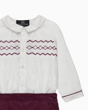 The Rupert Smocked Set in White/Burgundy