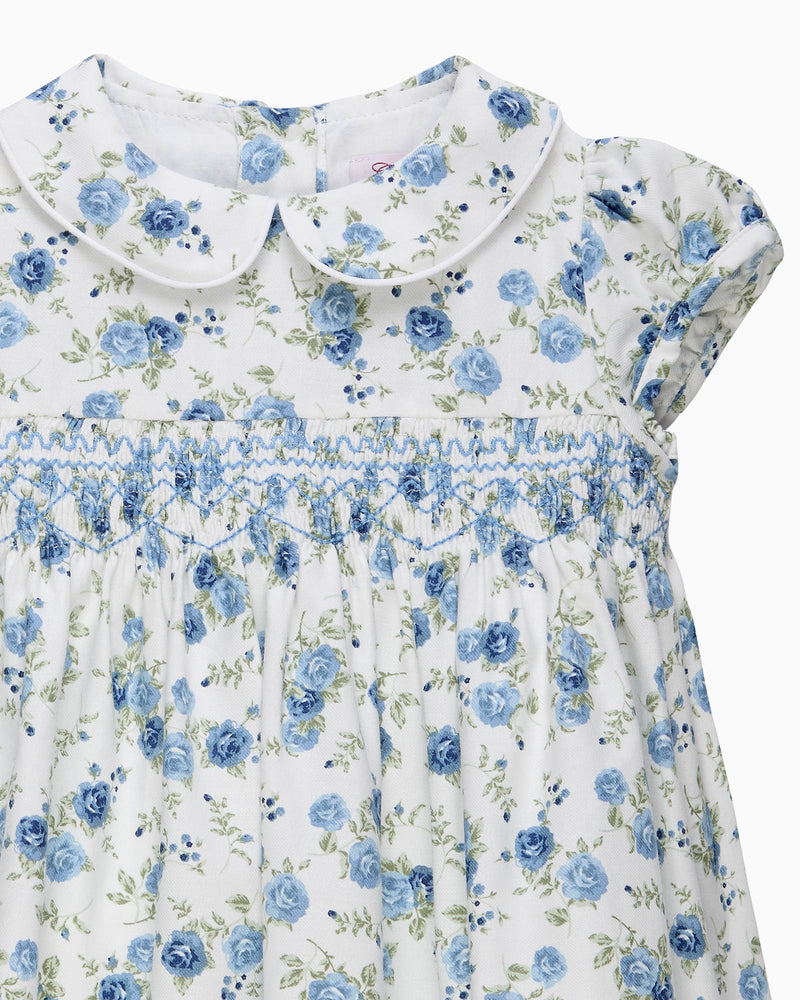 Baby Arabella Rose Floral Smocked Dress in Blue