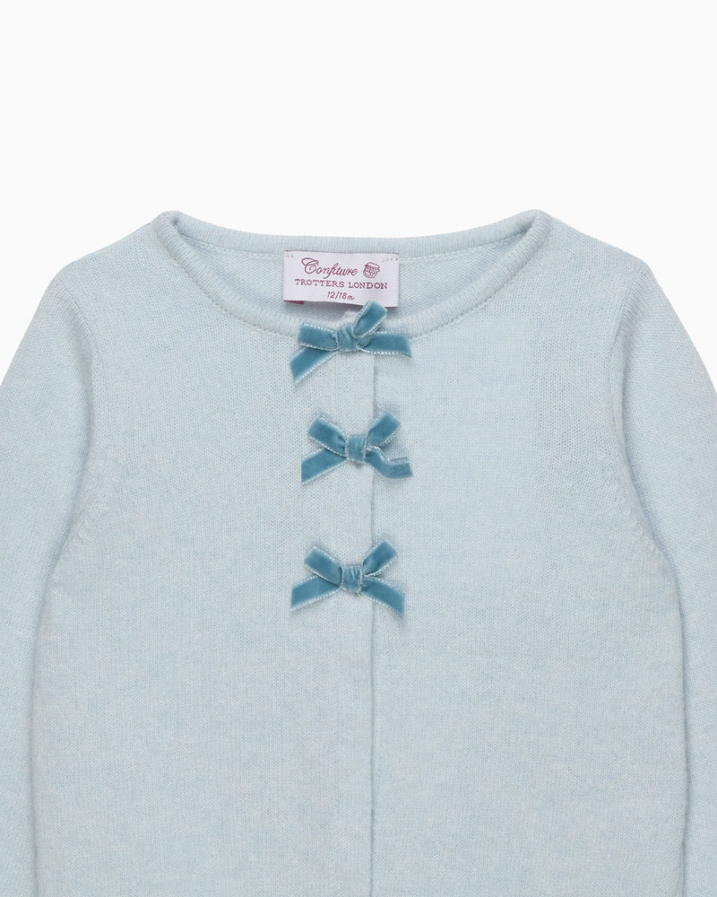 Confiture Cardigan Baby Velvet Bow Cardigan in Pale Blue
