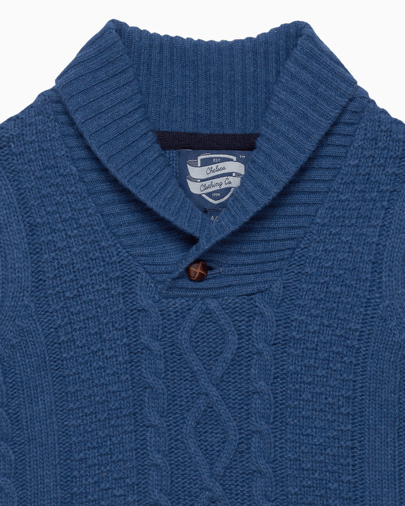 Finn Shawl Collar Sweater in Denim Blue Marl
