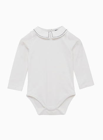 Baby Long Sleeved Monty Stitched Bodysuit in White Navy