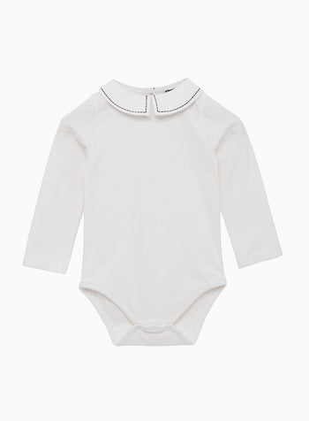 Little Long Sleeved Monty Stitched Bodysuit in White Navy
