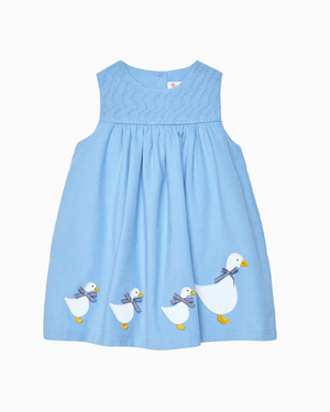 Baby Duck Smocked Pinafore in Blue Cord