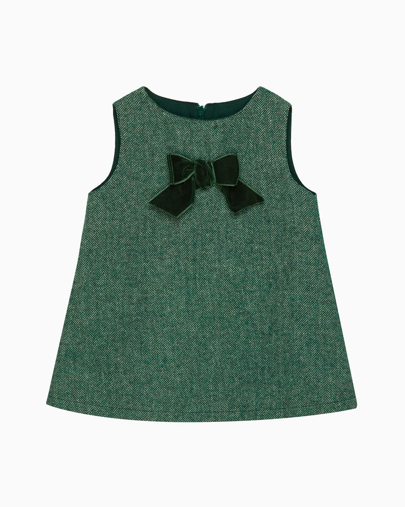 Baby Georgina Bow Dress in Green Herringbone