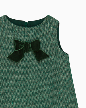 Baby Georgina Bow Dress in Green Herringbone