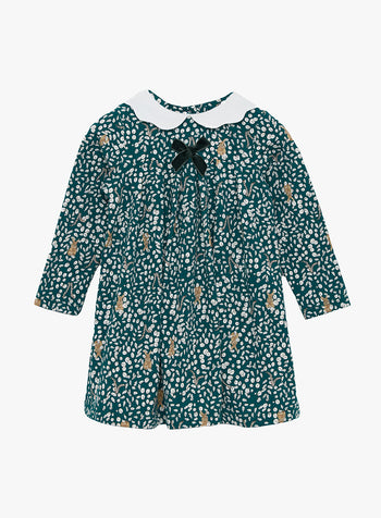 Little Woodland Bunny Jersey Dress in Forest Green