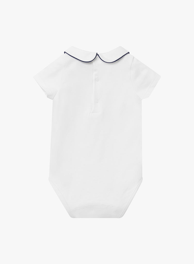 Baby Short-Sleeved Milo Bodysuit in White/Navy