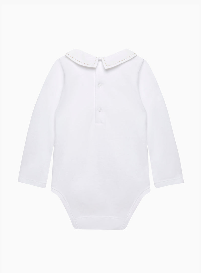 Baby Long Sleeved Monty Stitched Bodysuit in White/Oatmeal