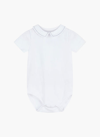 Little Short-Sleeved Monty Stitch Bodysuit in White/Navy