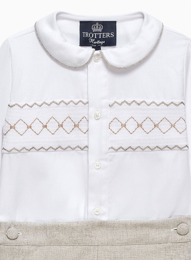 The Rupert Smocked Set in White/Oatmeal Flannel