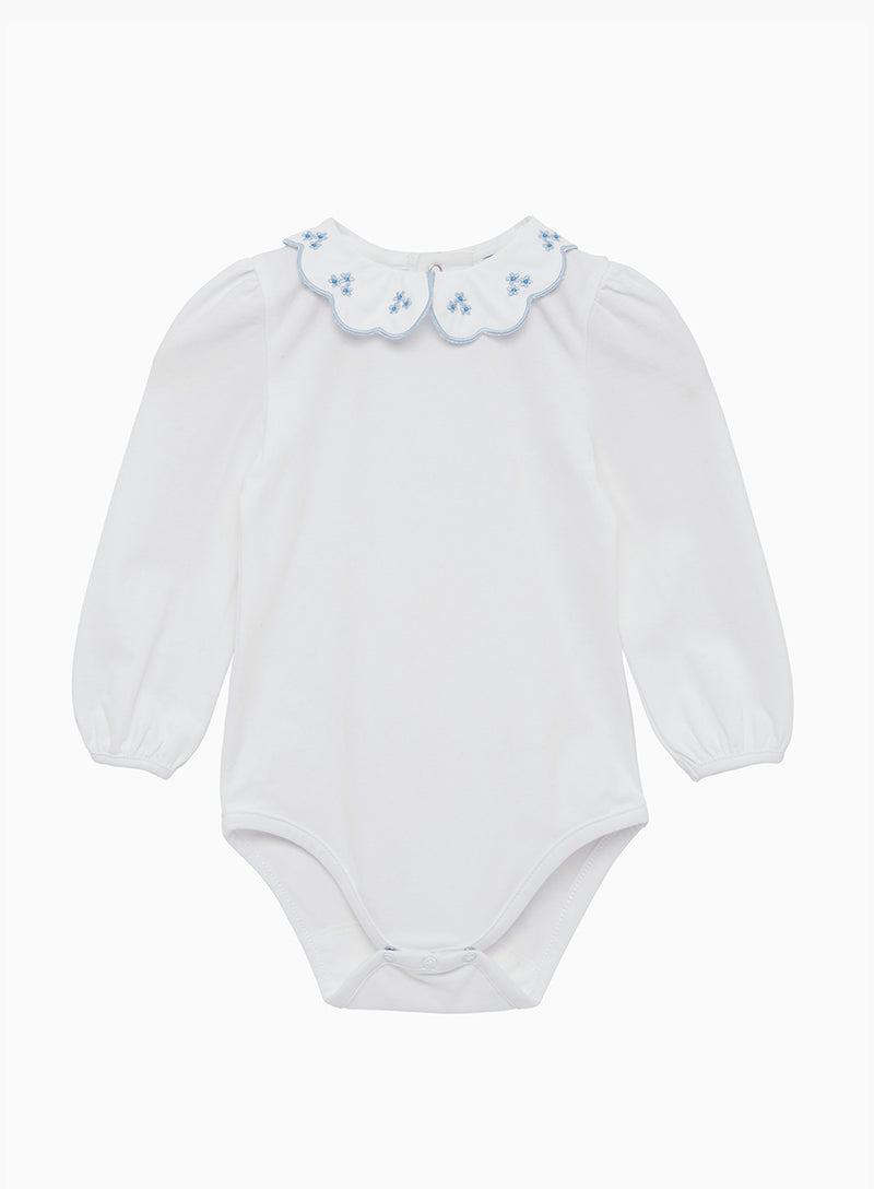 Baby Long Sleeved Petal Floral Bodysuit in White/Blue