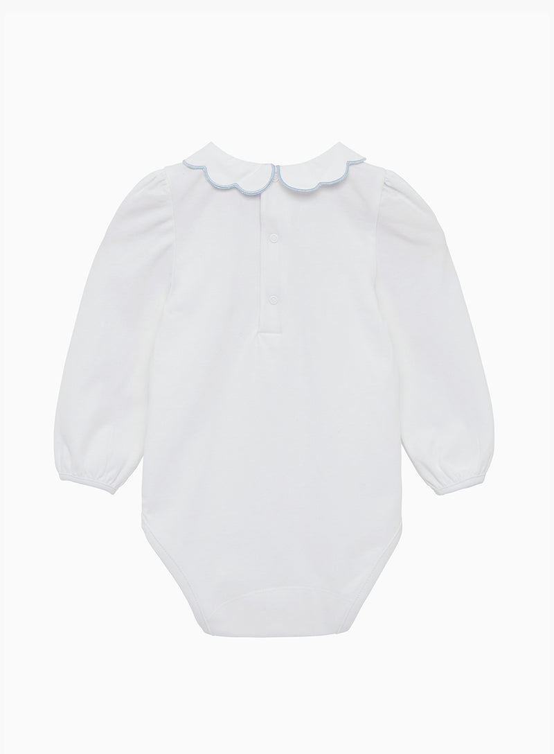 Baby Long Sleeved Petal Floral Bodysuit in White/Blue