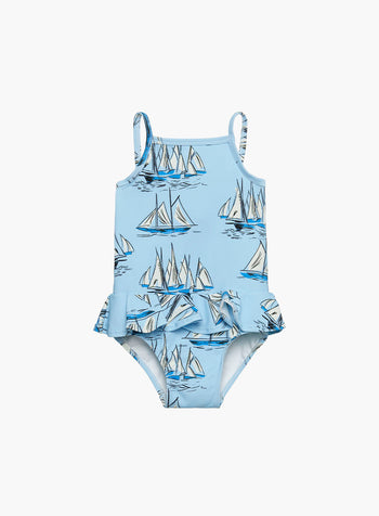 Baby Peplum Swimsuit in Blue Sailboat