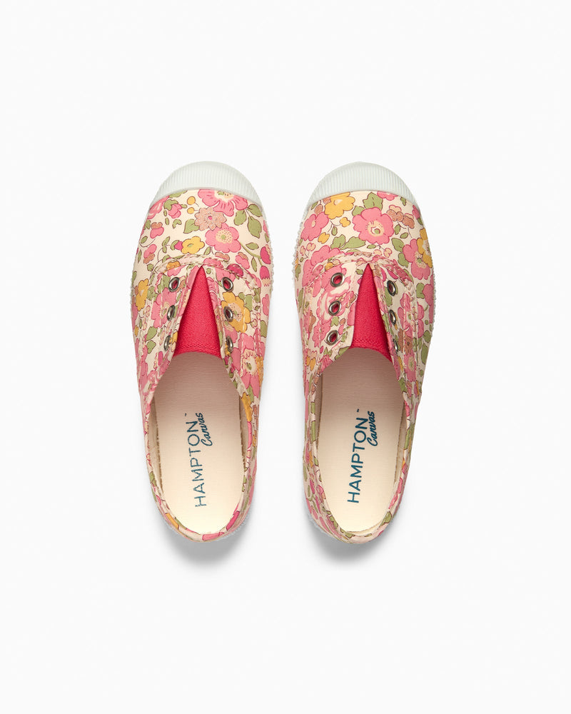 Hampton Canvas Plum Print Plimsolls in Peach Sparkle Betsy