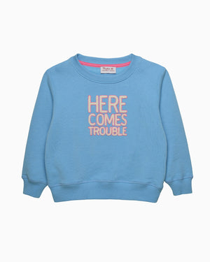 Women's Here Comes Trouble Sweatshirt in Blue/Pink