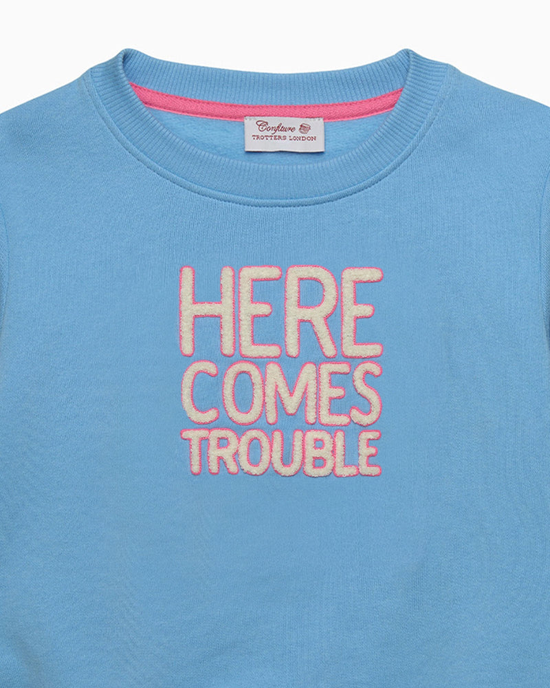 Women's Here Comes Trouble Sweatshirt in Blue/Pink