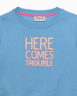 Women's Here Comes Trouble Sweatshirt in Blue/Pink