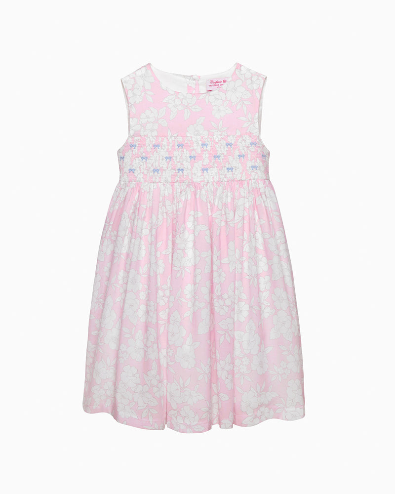 Molly Smocked Pinafore Dress in Pale Pink Floral