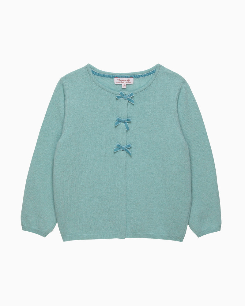 Velvet Bow Cardigan in Sea Green