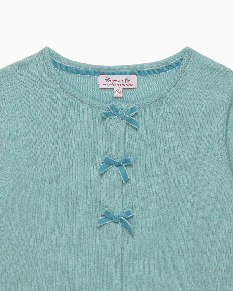 Velvet Bow Cardigan in Sea Green