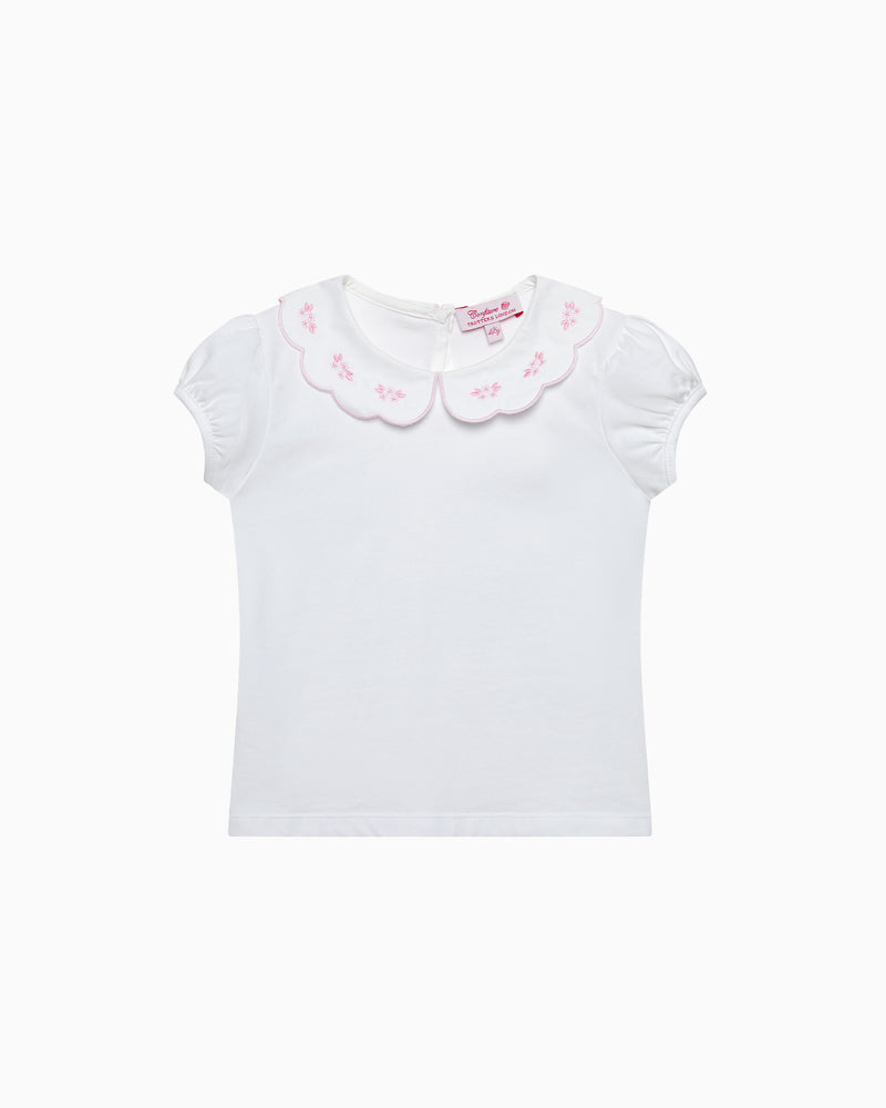 Ava Embroidered Petal Jersey Top in White/Pink