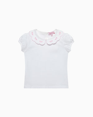 Ava Embroidered Petal Jersey Top in White/Pink