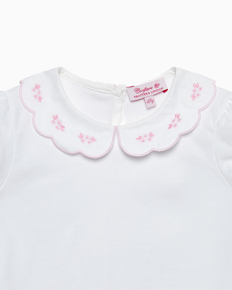 Ava Embroidered Petal Jersey Top in White/Pink