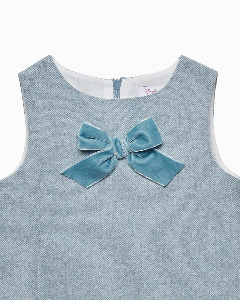 Georgina Bow Dress in Blue Herringbone