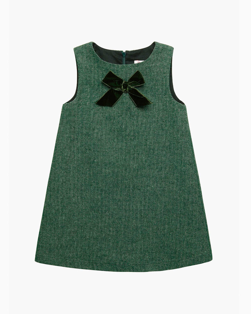 Georgina Bow Dress in Green Herringbone