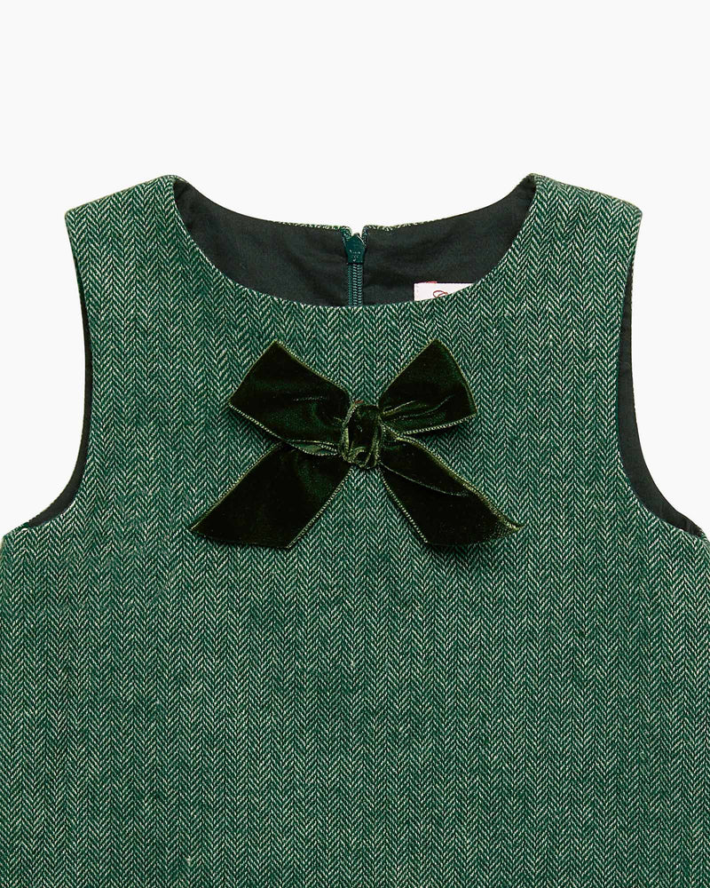 Georgina Bow Dress in Green Herringbone