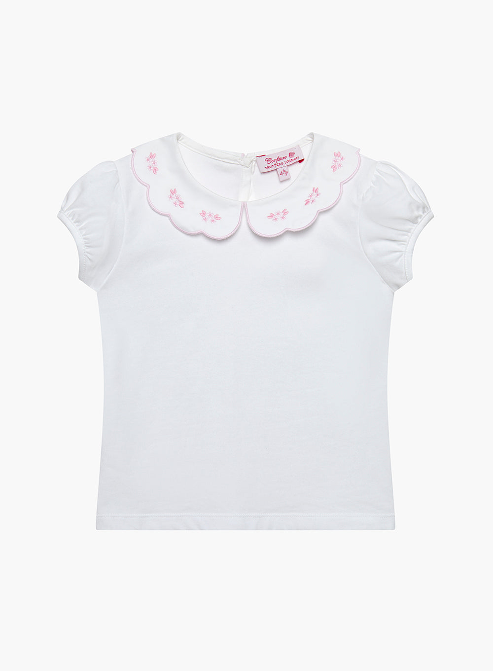 Ava Embroidered Petal Jersey Top in White/Pink