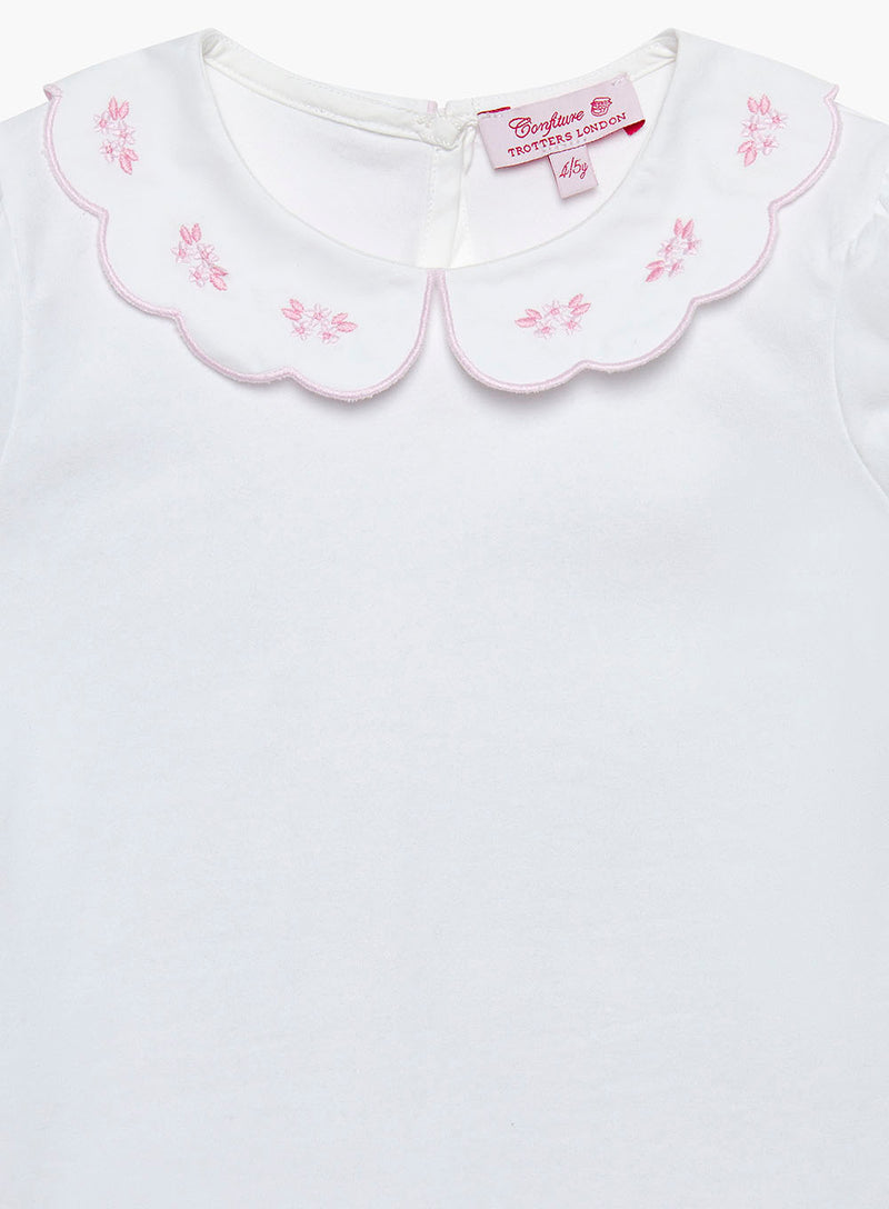 Ava Embroidered Petal Jersey Top in White/Pink